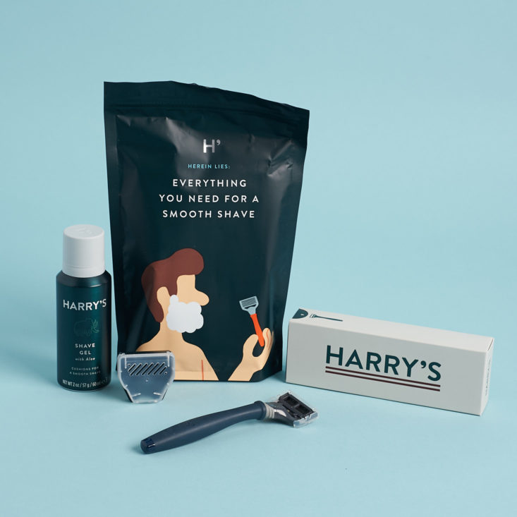 Harry's shave kit including shave gel, a razor, and a refill.