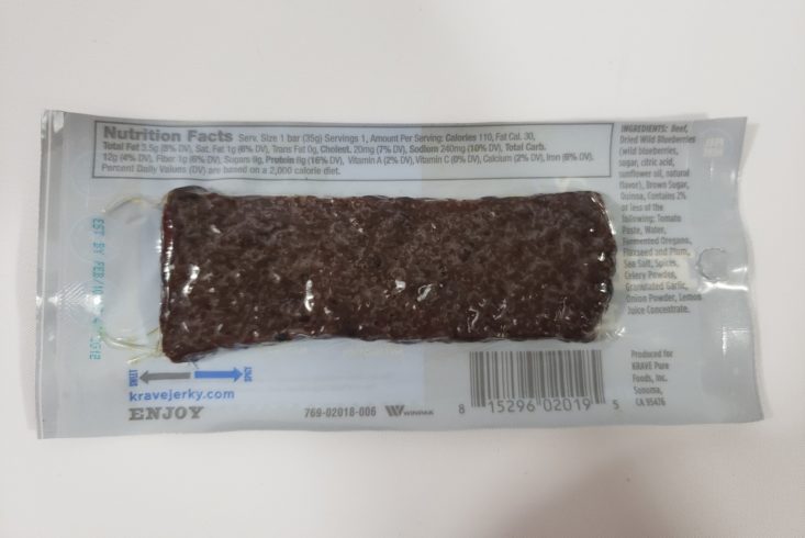 MONTHLY BOX OF FOOD AND SNACK February 2019 - Krave Bar Wild Blueberry Beef with Fruit and Quinoa Bar Back Top