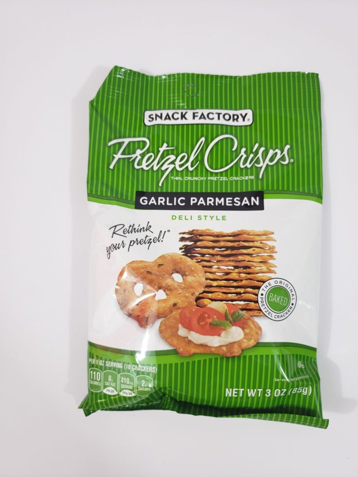 MONTHLY BOX OF FOOD AND SNACK February 2019 - Pretzel Crisps Garlic Parmesan Front Top