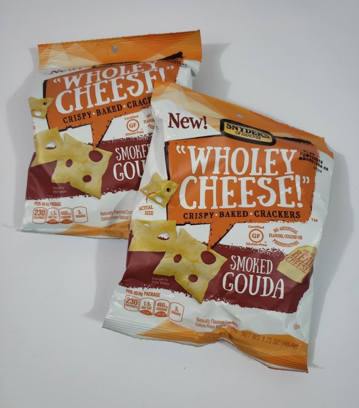 MONTHLY BOX OF FOOD AND SNACK February 2019 - Wholey Cheese Smoked Gouda Baked Crackers Front Top