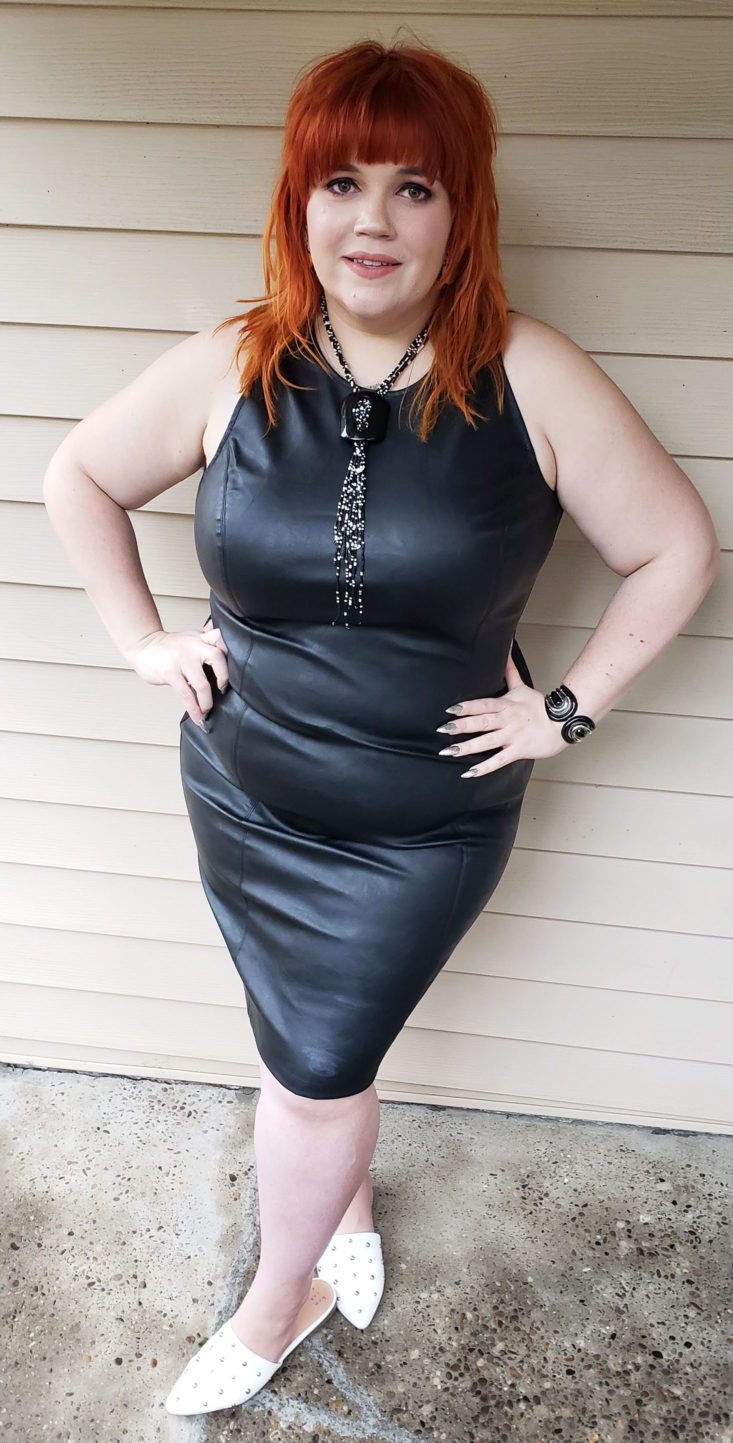 ShoeDazzle Plus Review January 2019 - Faux Leather Ponte Dress Pose 1 Front