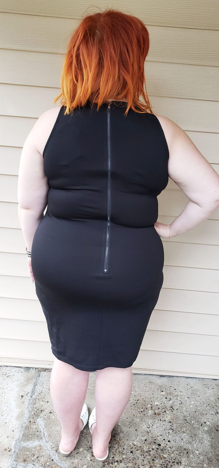 ShoeDazzle Plus Review January 2019 - Faux Leather Ponte Dress Pose 4 Back