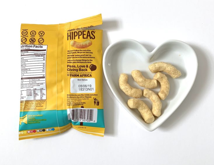 SnackSack Gluten Free Box Review February 2019 - Hippeas Vegan White Cheddar Puffs In Plate Top