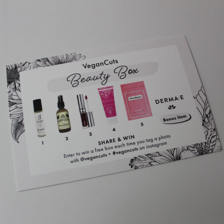 Vegan Cuts Beauty Box Review February 2019 - Information Card Front Top