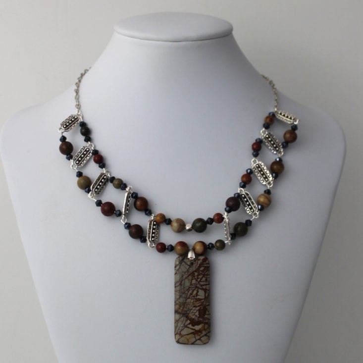 Bargain Bead Box February 2019 - Necklace Made With Largest Jasper Pendant, Bicones, Gemstone Rounds, Textured Links and Metal Spacers Wearing Front