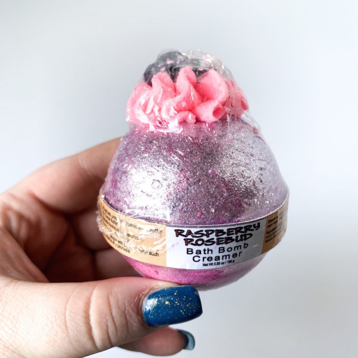 Bubbles & Books February 2019 - Raspberry Rosebud Bath Bomb Creamer by Simply Organico Front