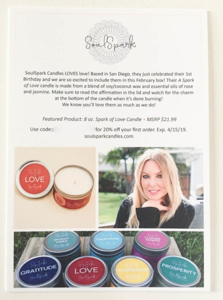 California Found Box Review February 2019 - Spark of Love Candle Info Card Front