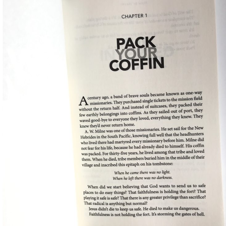 Faithbox March 2019 - All in by Mark Batterson Chapter 1 Pack Your Coffin Page Front