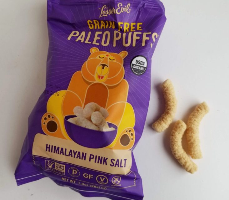Healthy Living Kids Snack Box March 2019 paleo puffs opened