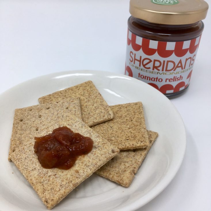 Irish Taste Club February 2019 - Sheridan’s Tomato Relish In Plate With Sheridan’s Cheesemongers Irish Brown-Bread Crackers