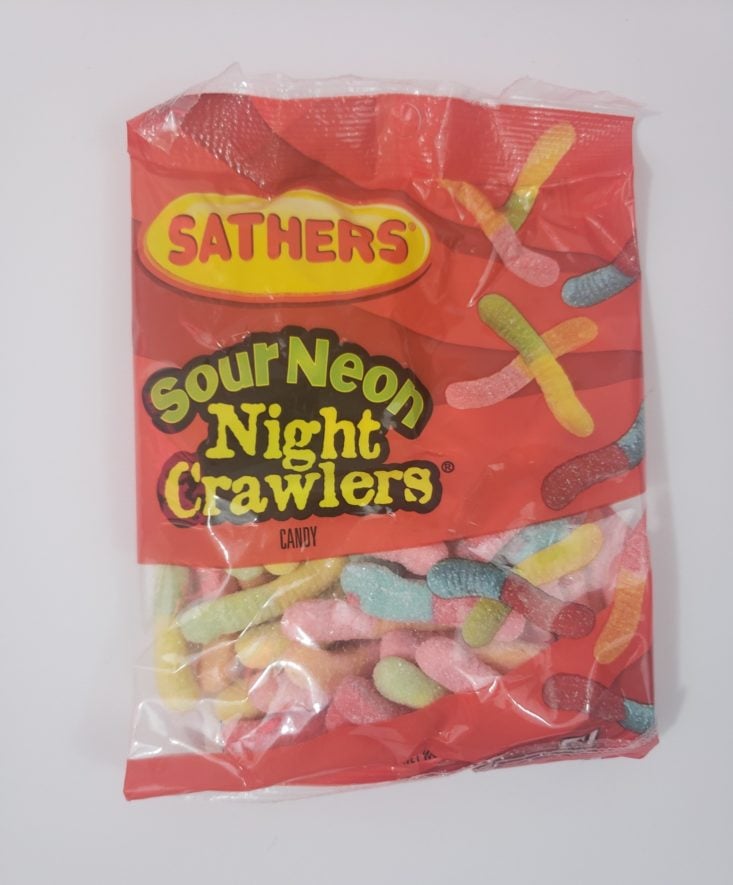 Monthly Box Of Food And Snack Review March 2019 - Sathers Sour Neon Night Crawlers Front