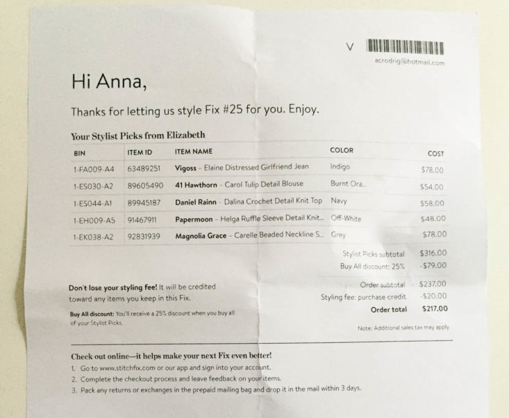 Stitch Fix Plus Size Clothing Box March 2019 - Invoice Front