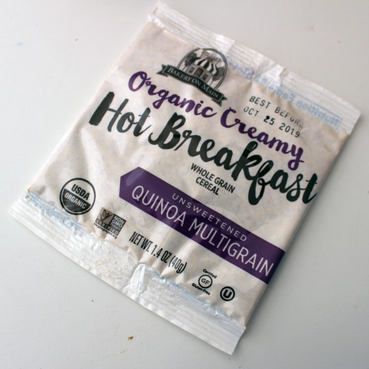 Vegan Cuts Snack March 2019 - Bakery on Main Organic Creamy Hot Breakfast Whole Grain Cereal, Quinoa Multigrain Package Front