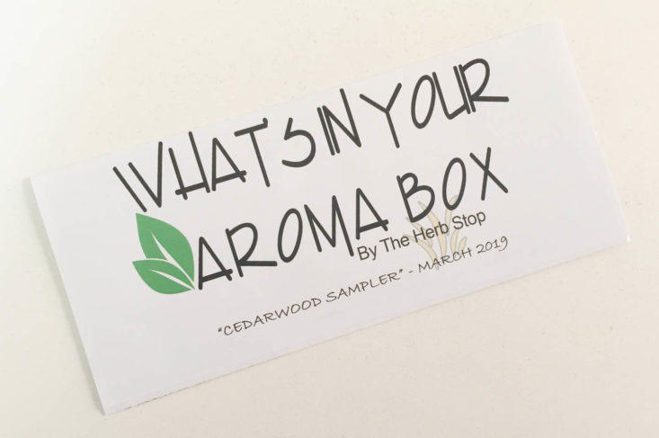 Aroma Box By Herb Stop Cedarwood Sampler March 2019 - Booklet