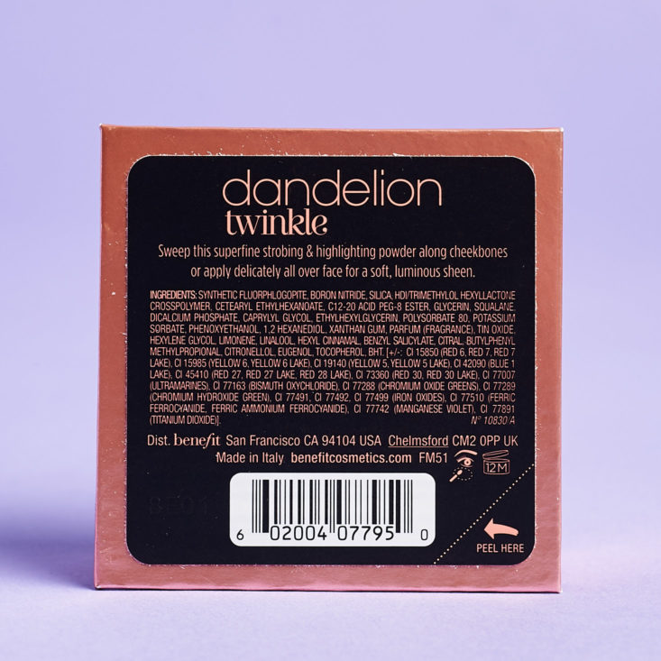 Birchbox Limited Edition In Bloom April 2019 nenefit dandelion tinkle powder bottom info