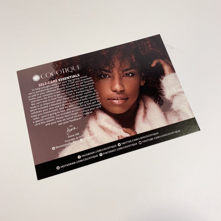 Cocotique March 2019 Review - Information Card Front Top