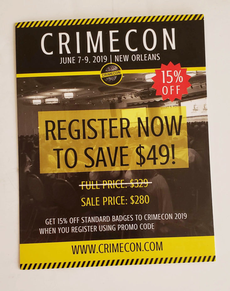 Creepy Crate Winter 2019 Review - Crime Con Advert with Coupon Code Front Top