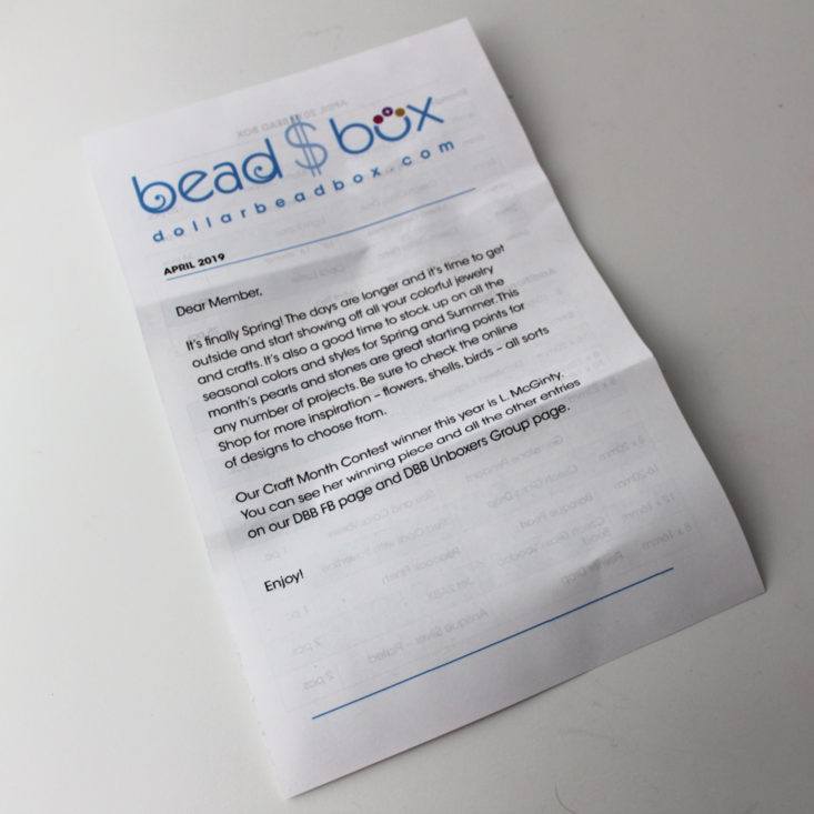 Dollar Bead Box Review April 2019 - Information Sheet Front Top