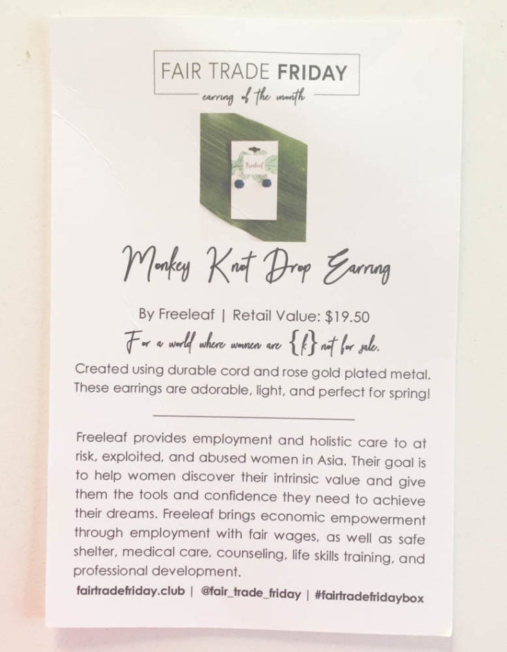 Fair Trade Friday Earring of the Month Club March 2019 - Booklet Back Top