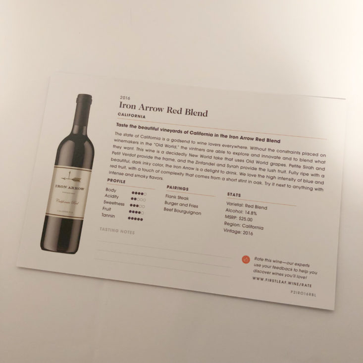 Firstleaf Wine Subscription Review April 2019 - 2016 Iron Arrow Red Blend Card Back Top