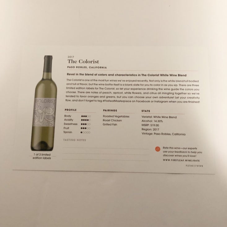 Firstleaf Wine Subscription Review April 2019 - 2017 The Colorist White Wine Blend Card Back Top
