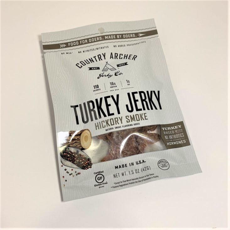 SnackSack Gluten-Free Review March 2019 - Country Archer Hickory Smoke Turkey Jerky, 1.5 oz Front Top