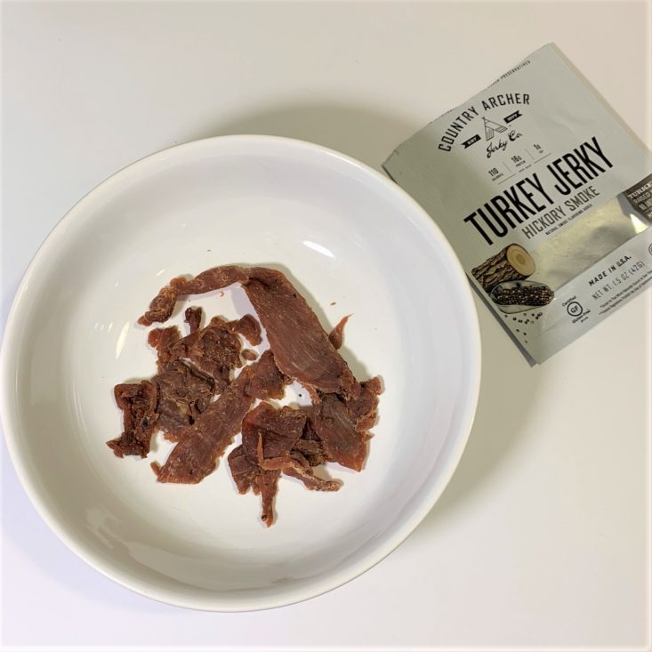 SnackSack Gluten-Free Review March 2019 - Country Archer Hickory Smoke Turkey Jerky, 1.5 oz Plated Top