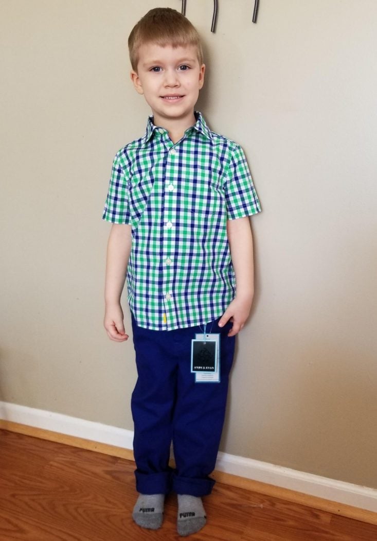 Stitch Fix Boys April 2019 plaid button down and chinos modeled