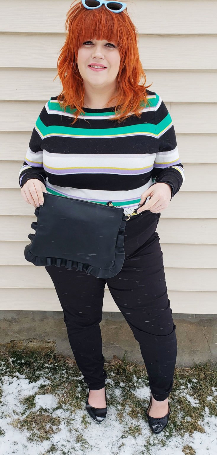 Trunk Club Plus Size Subscription Box Review March 2019 - Adelina Faux Leather Ruffle Clutch by Sole Society 4 Holding Front