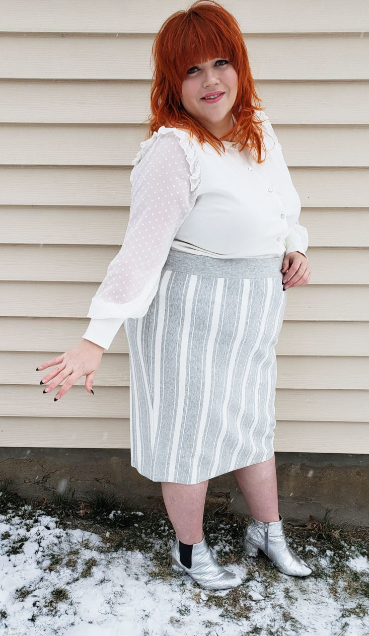 Trunk Club Plus Size Subscription Box Review March 2019 - Clip Dot Ruffle Cardigan by CeCe 2 Front