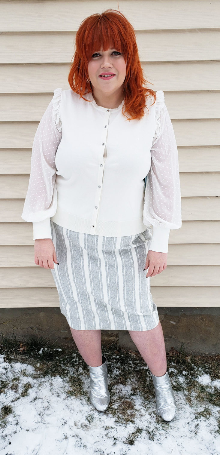 Trunk Club Plus Size Subscription Box Review March 2019 - Clip Dot Ruffle Cardigan by CeCe 3 Front