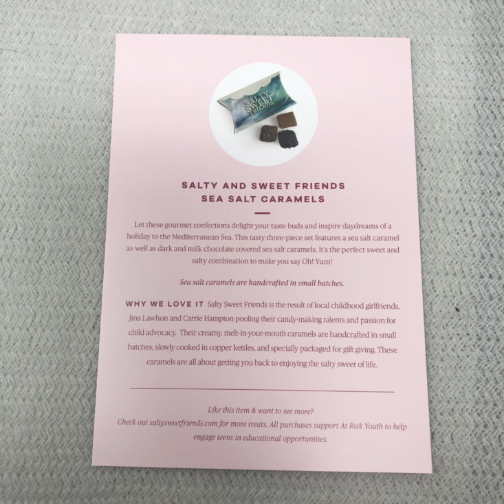 Vine Oh! “Oh! Happy Day” Box Review Spring 2019 - Salty & Sweet Friends Sea Salt Caramels Sampler Info Card Top