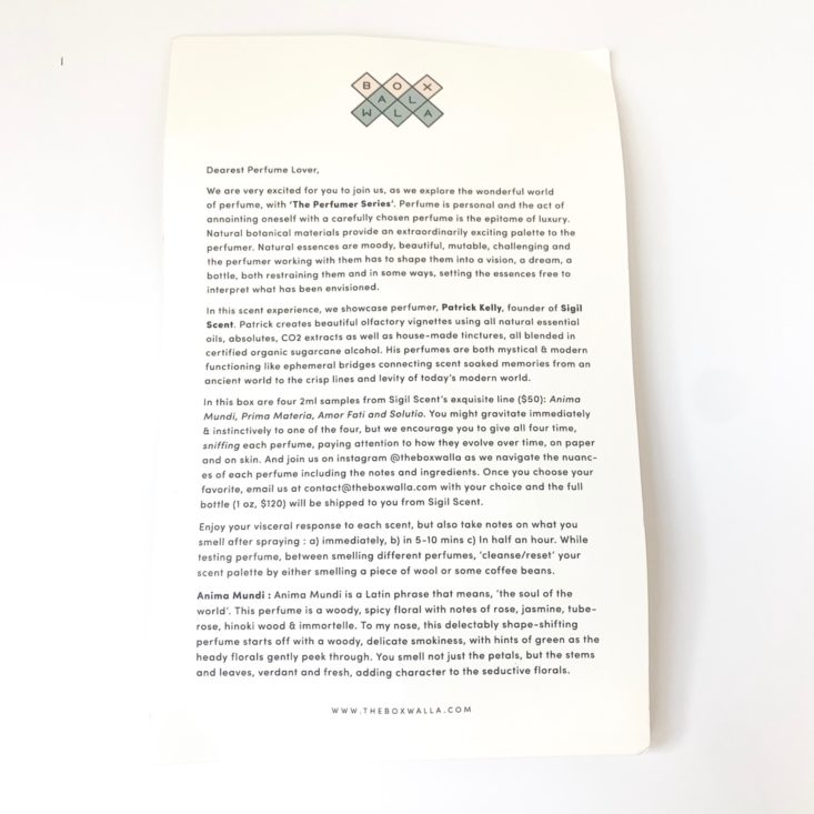 Boxwalla The Perfumer Box Review - Information Sheet 1 Top