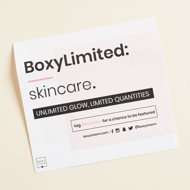 Boxy Charm Limited Skincare May 2019 beauty box review card front