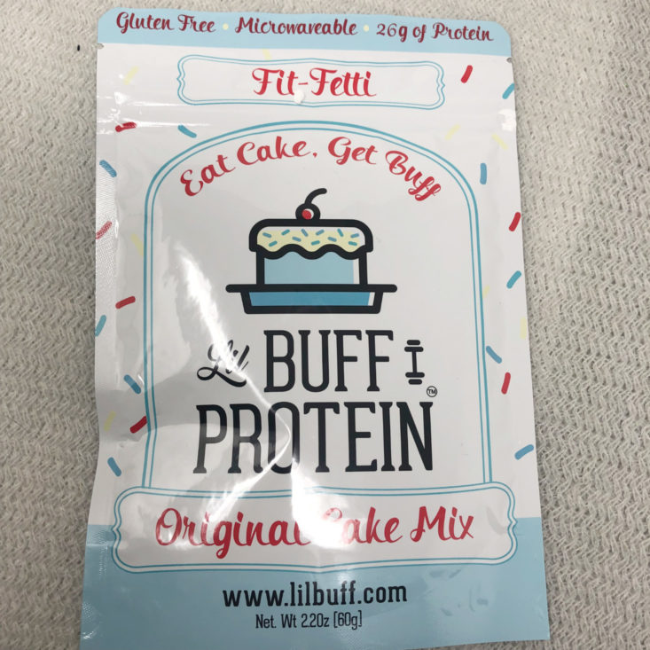 BuffBoxx Fitness Subscription Review April 2019 - Lil Buff Fit-Fetti Protein Cake Single Serving Pouch 1