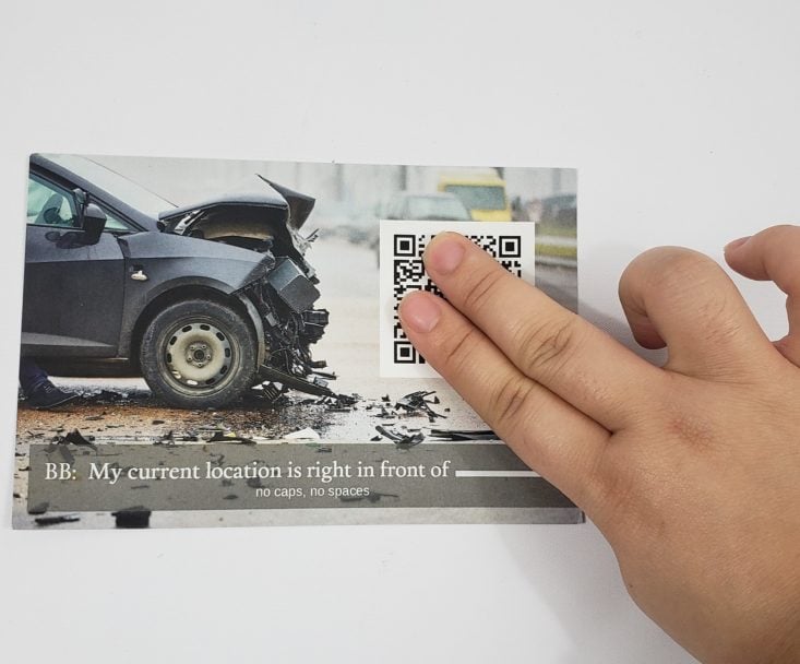 Deadbolt Mystery Society May 2019 “Infected” Review - scene of a car accident QR code Top