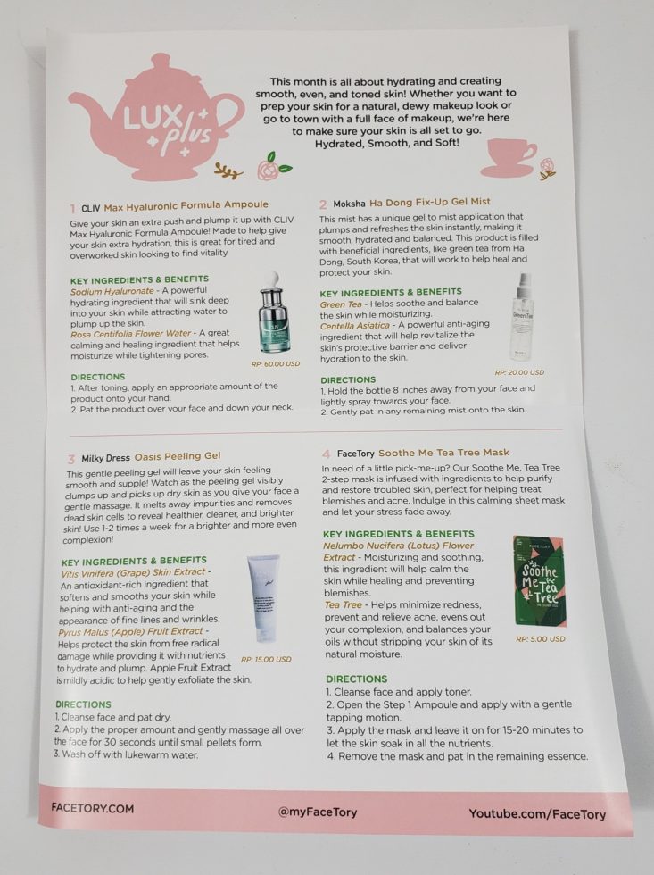 Facetory Lux Box Deluxe Review May 2019 - Pamphlet with detailed information 2 Top