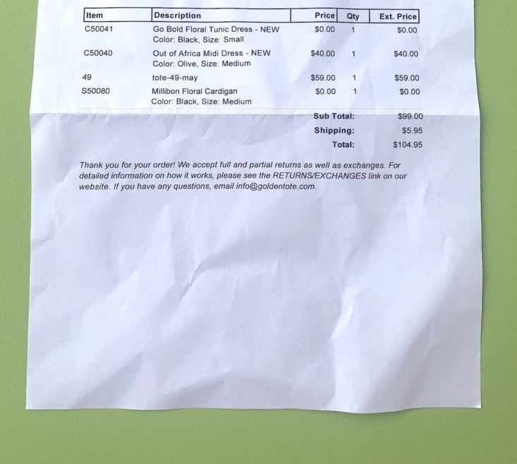 Golden Tote Clothing Tote Review May 2019 - Invoice Top