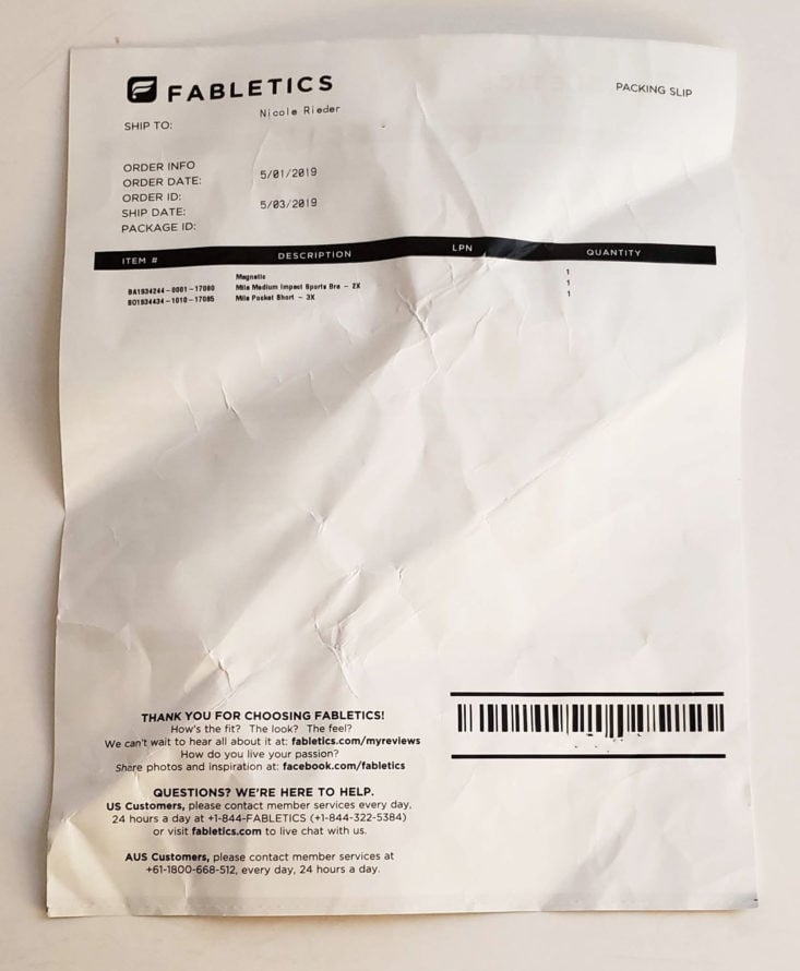 Fabletics Plus Size May 2019 - Invoice 1