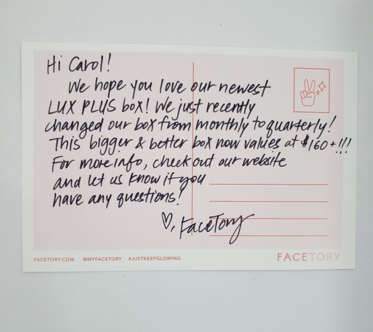 Facetory Lux Plus Review Summer 2019 - Note From Facetory Back
