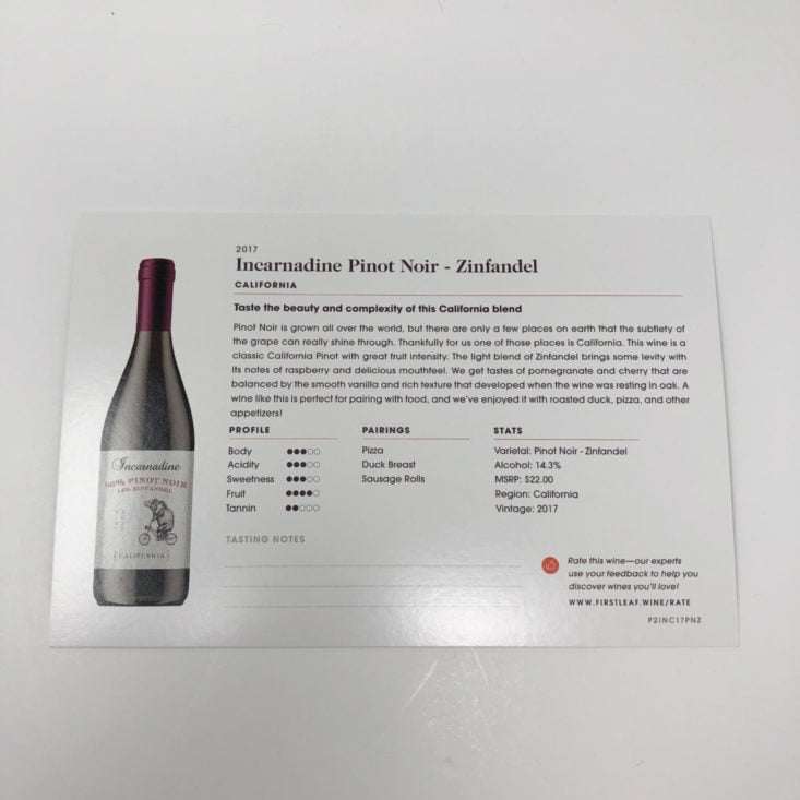 Firstleaf Wine Subscription Review June 2019 - 2017 Incarnadine Pinot Noir - Zinfandel Detail Card Back Top