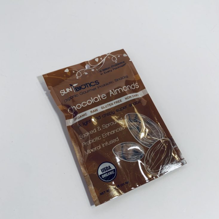 Keto Krate May 2019 - Sunbiotics Chocolate Probiotic Almonds, 1.5 oz Front
