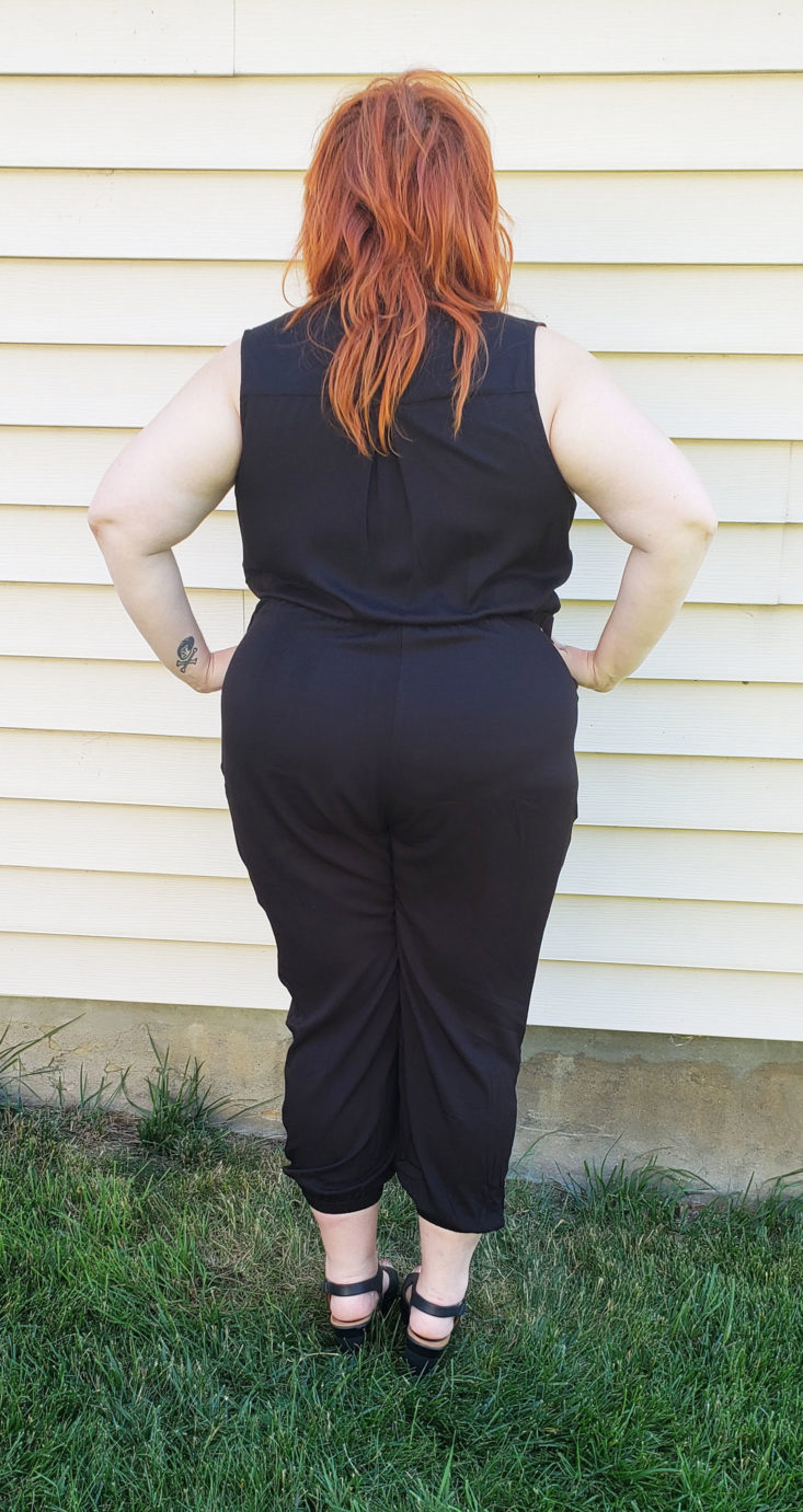 ShoeDazzle Plus Review May 2019 - Plus Size Sleeveless Zip Front Jumpsuit in Black Back Pose