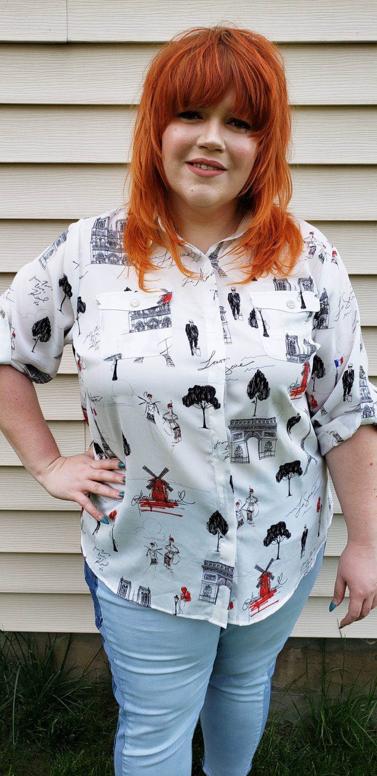 Stitch Fix Plus Size Clothing Box Review May 2019 – Emelia Button Down Blouse by Karl Lagerfeld Paris 3 Front