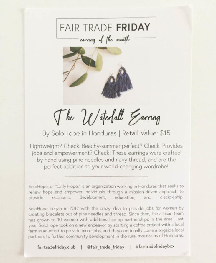 Fair Trade Friday Earring of the Month Club Subscription June 2019 - Information Card Front Top