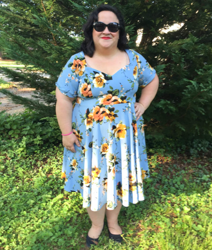 Gwynnie Bee June 2019 - Blue And Gold Floral Fit And Flare Dress 1