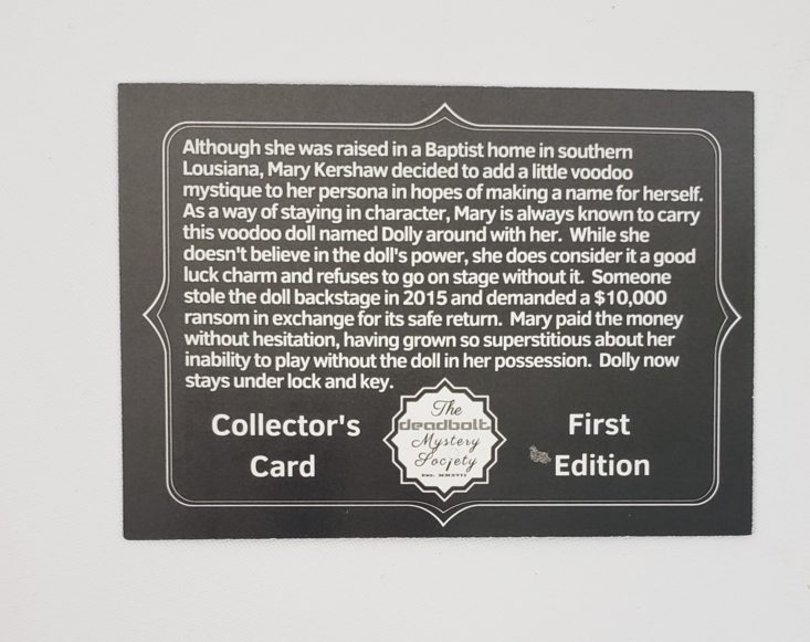 Deadbolt Mystery Society August 2019 - Collector’s Card Backside Top