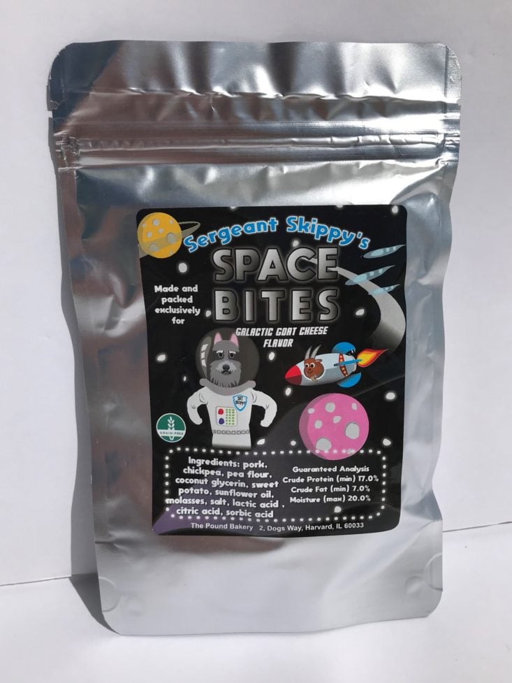 Mini Monthly Mystery Box For Dogs August2019 - Sergeant Skippy’s Space Bites - Galactic Goat Cheese Flavor Front