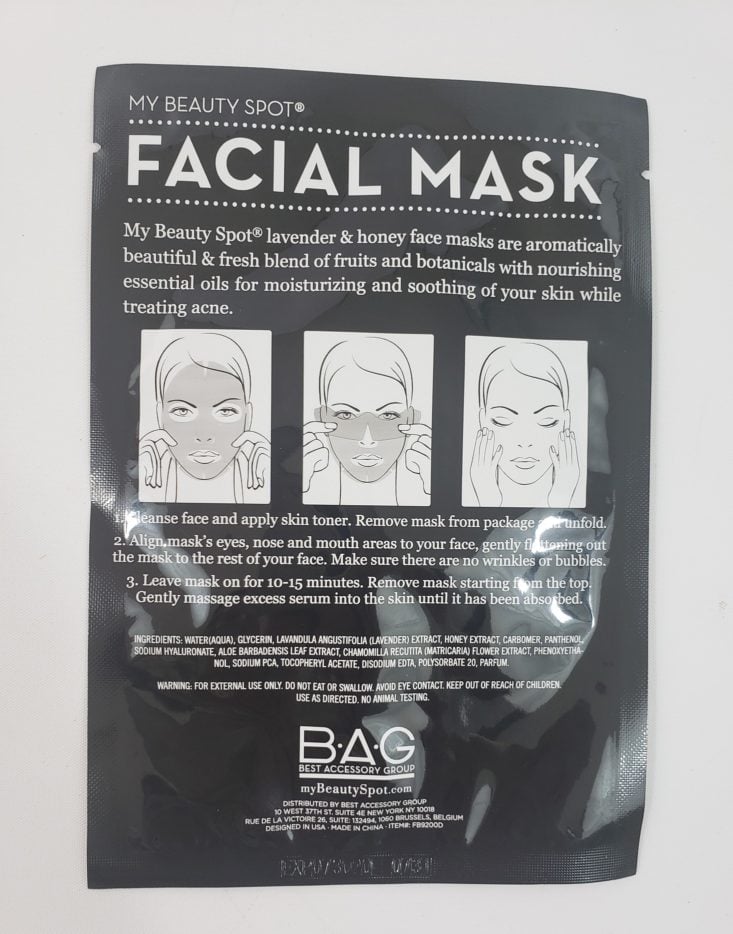 Mini Mystery Box June 2019 - Jamminbutter My Beauty Spot Facial Mask Back Side
