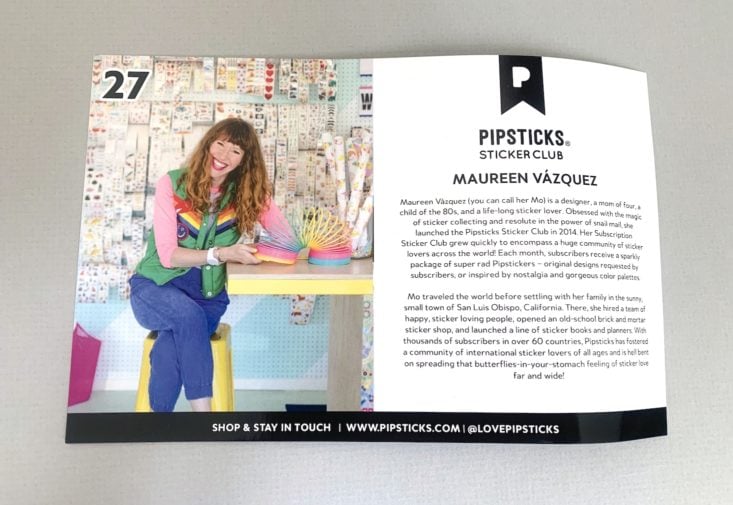 info card about Maureen Vazquez from Pipstickers Sticker Club